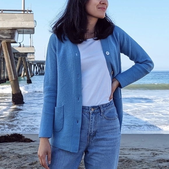 Sweaters - Women Varsity Button Front Knit Cardigan Sweater Blue S preppy academia basic